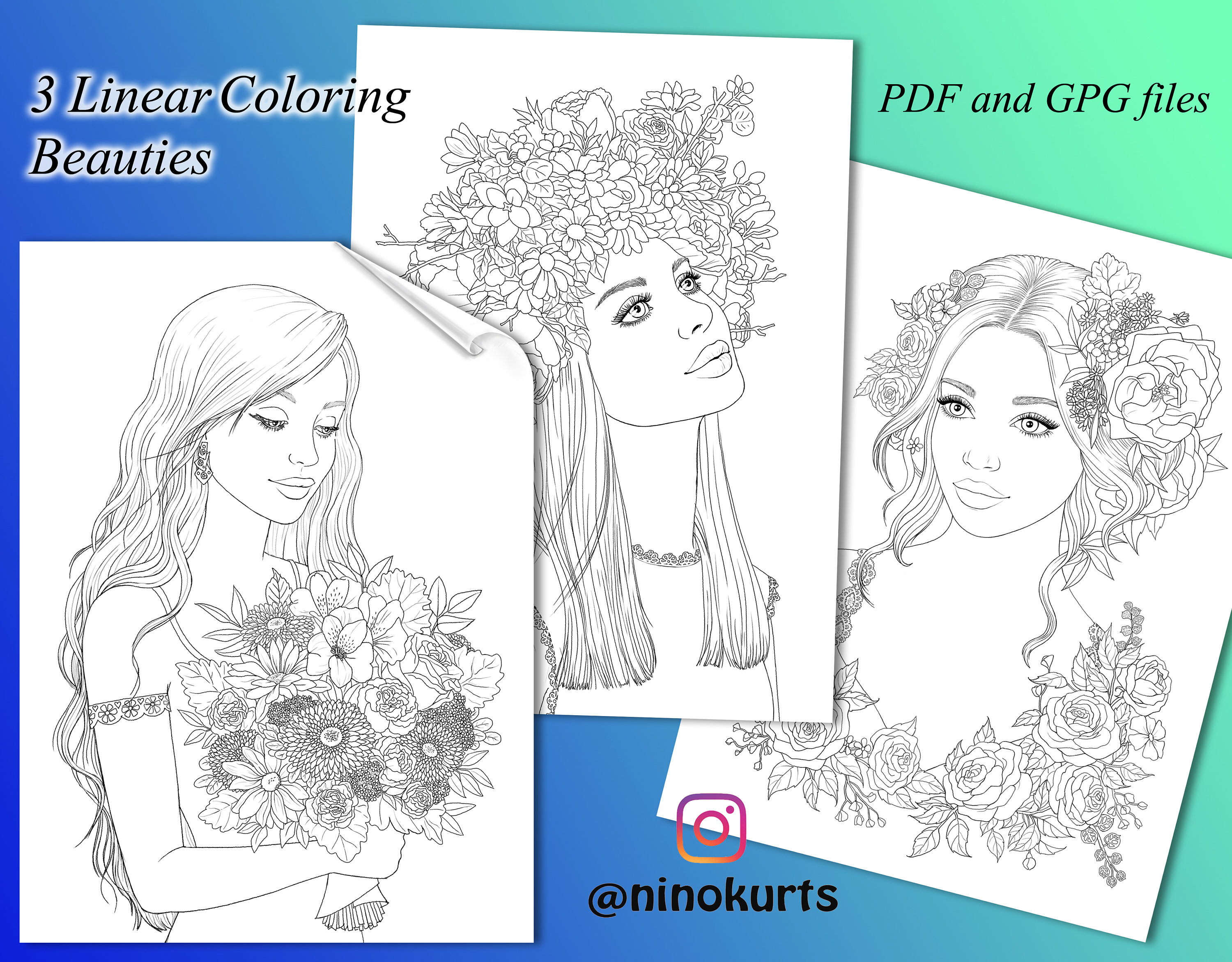 Linear Coloring Pages Printable Adult Colorings Download Girls With Flowers Illustration ...