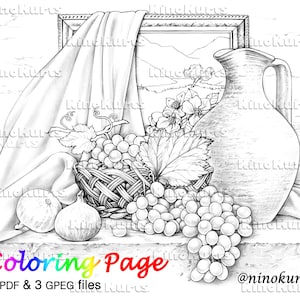 Narture morte Coloring Page | Printable Adult Coloring Pages | Download Grayscale Illustration | Printable JPG & PDF files