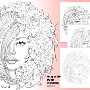 Peony Beauty | Grayscale portrait | Printable Adult Coloring Pages | Download Grayscale Illustration | Printable PDF files
