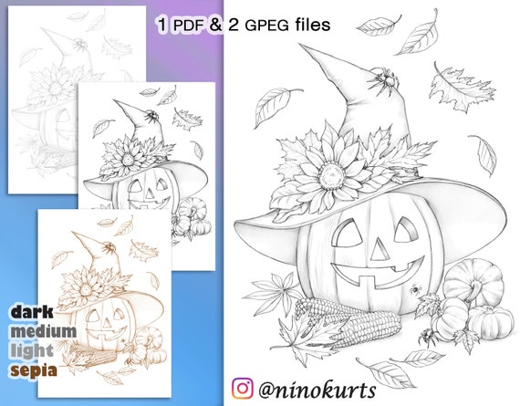 Dark Halloween Coloring Set for Adults Instant Download Printable Files 2  Grayscale Illustrations JPG and PDF Halloween 