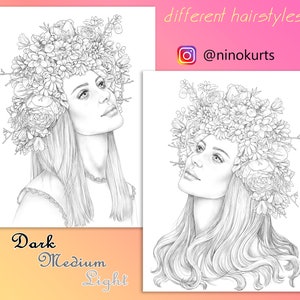 Coloring Page | Girl With Flowers  | Printable Adult Coloring Pages | Download Grayscale Illustration | Printable JPG & PDF files