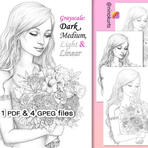 Girl with flowers Coloring Page | Printable Adult Coloring Pages | Download Grayscale Illustration | Printable JPG & PDF files