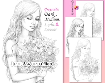 Girl with flowers Coloring Page | Printable Adult Coloring Pages | Download Grayscale Illustration | Printable JPG & PDF files