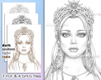 Coloring Book | Printable Adult Coloring Pages | Download Grayscale Illustration | Printable JPG & PDF files | Girl Grayscale portrait