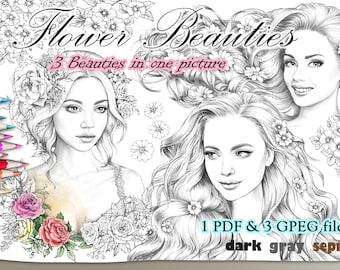 Página para colorear de bellezas florales / Ilustración de retrato en escala de grises (PDF y JPG)
