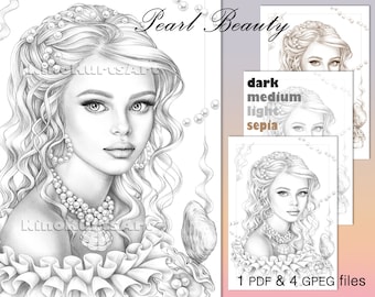 Página para colorear de Belleza Perla / Retrato en escala de grises (PDF y JPG imprimibles)