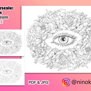 Eye and Peonies | Printable Grayscale Adult Coloring Page | Download Grayscale Illustration | Printable PDF files