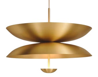 Mid-century Modern Double Disc Brass Chandelier | Saucer Shade Pendant Light |  6-Light Reflector Lamp | Italian Style With Satin Finish