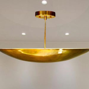Brass Mid-Century Modern Curved  Chandelier | Six Light Pendant Fixture | Disc Shade Dome Flush Mount Ceiling Chandelier