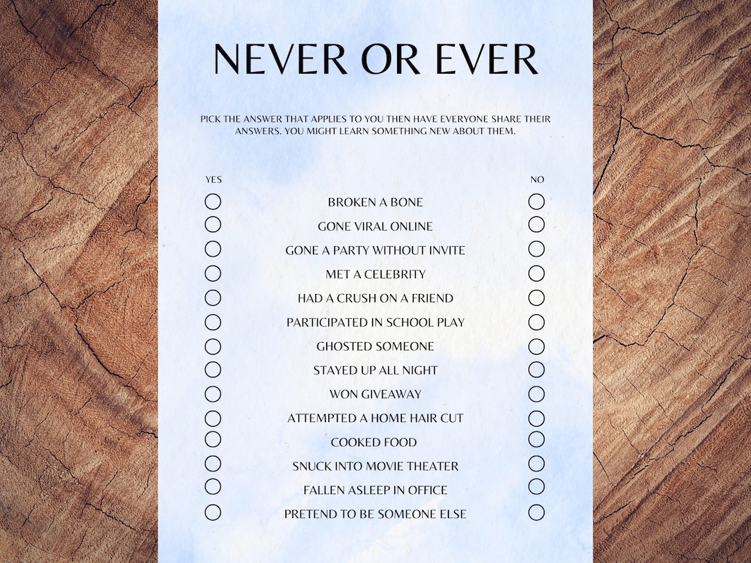 Never Have I Ever Printable Icebreaker Game Ever or Never Coffee Table Game Team Building