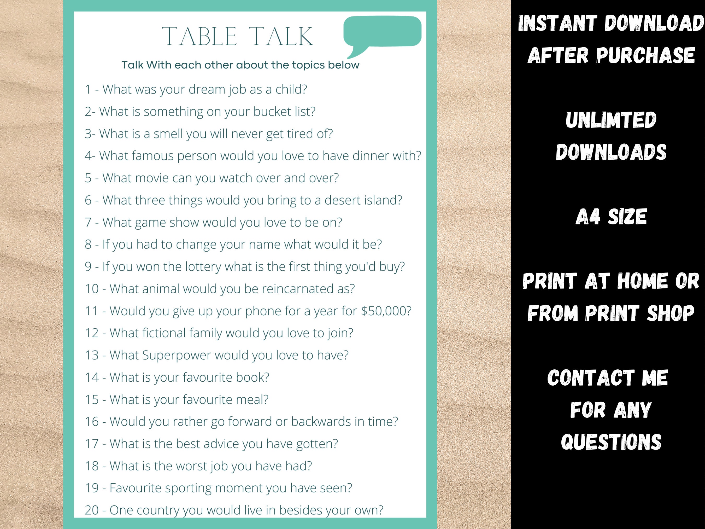 Table Talk Office Party Game, Icebreaker Printable and Reusable Game, Dinner Party Fun Games