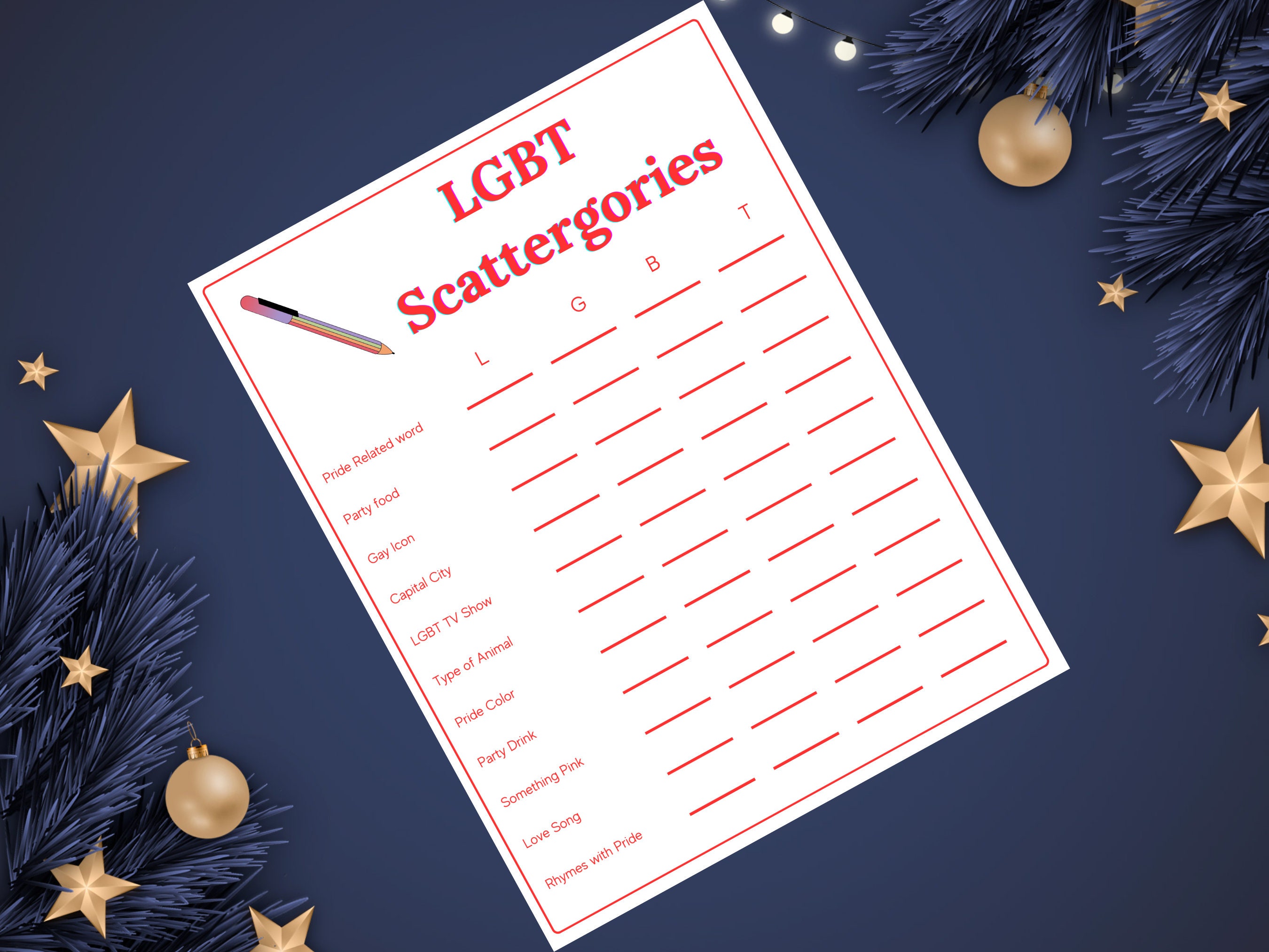 Gay Pride Month Game LGBT Scattergories Game Fun Party Activity for