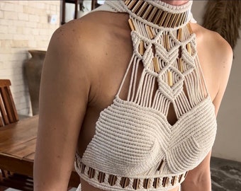 Macrame Halter Top and Fringe Skirt Set with Gold Beads - Festival Outfit