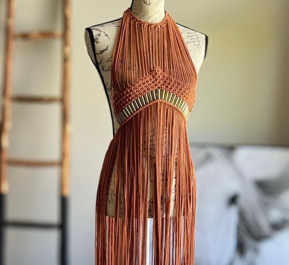 Handmade Macrame Fringe Dress, Cotton Beach Cover-Up
