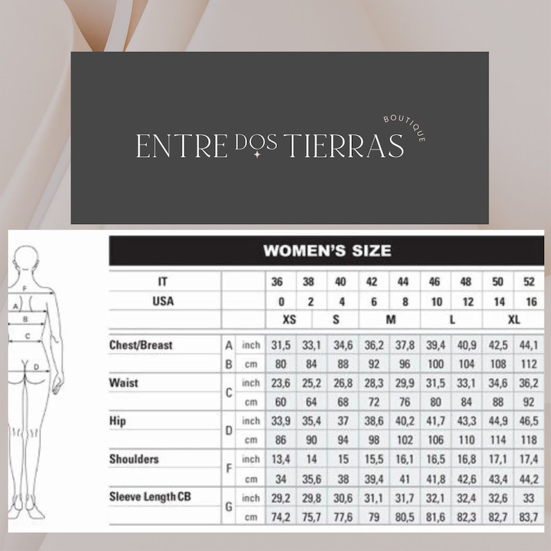 May include: A size chart for women's clothing, featuring measurements in inches and centimeters. The chart includes bust, waist, hip, shoulder, and sleeve length measurements, with sizes ranging from XS to XL. The brand name "ENTRE DOS TIERRAS" is at the top.