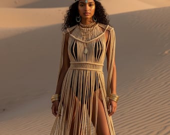 Handmade Macrame Festival Dress, Black Rave Outfit, Goddess Costume