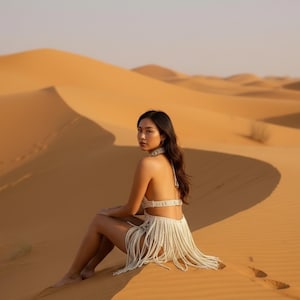 May include: A woman wearing a white fringe bikini and choker sits on a sand dune. The desert landscape features golden sand and a clear sky. The bikini has a halter top and fringe skirt.