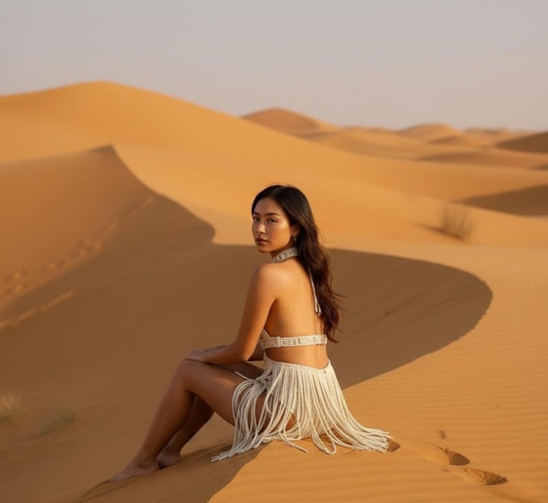 May include: A woman wearing a white fringe bikini and choker sits on a sand dune. The desert landscape features golden sand and a clear sky. The bikini has a halter top and fringe skirt.