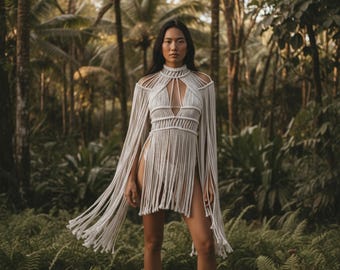 May include: A cream-colored macramé garment featuring a high neck, intricate knotted bodice detailing, and long, flowing fringe sleeves that extend past the waist. The design incorporates a structured neckline and open-work patterns.