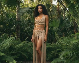 Conjunto de macramé hecho a mano para festivales, atuendo para fiestas rave y Burning Man, disfraz de diosa.