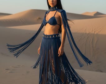 Conjunto de festival de macramé hecho a mano, disfraz de diosa, detalle de metal dorado