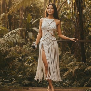 May include: A cream macrame dress with a halter neck and fringing. The dress has a high split and detailed woven designs. The woman is holding a camera and standing in a verdant forest with ferns and trees.