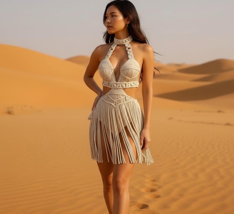 May include: A cream-colored macrame dress with a halter top, cut-out midriff, and fringed skirt. The dress is worn in a desert setting with sand dunes in the background. The dress has a choker-style neckline and intricate woven details.
