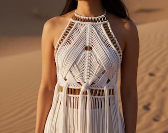 Puede incluir: Un top halter de macramé blanco con intrincados patrones de cordones anudados y detalles cilíndricos de metal dorado integrados en el cuello y la cintura. La prenda incluye largos flecos fluidos que se extienden hacia abajo desde la cintura.