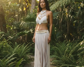 Handmade Macrame Fringe Outfit | Festival Set with Gold Metal Beads