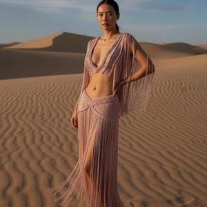 Blush Pink Fringe Festival Outfit - Crochet Crop Top and Skirt Set