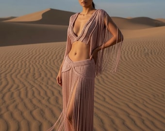 Blush Pink Fringe Festival Outfit - Crochet Crop Top and Skirt Set