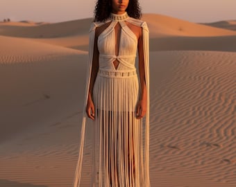 Vestido de macramé con mangas tipo capa - Vestido bohemio con flecos para festivales