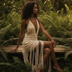 May include: A cream macrame dress with a deep V-neck and fringing. The dress is handmade and features a halter neck design. The model is seated on a wooden bench, surrounded by vibrant green ferns and foliage.