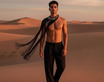 Macrame Festival Outfit, Mens Rave Clothing with Gold Beads