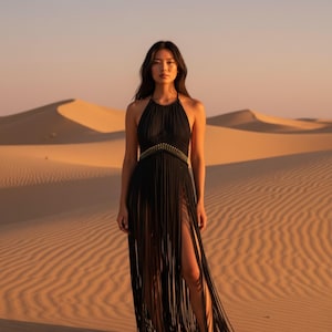 Handgefertigtes Makramee-Fransenkleid, Strandkleid aus Baumwolle Black