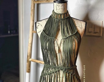 Macrame Fringe Festival Dress, Gold Accents