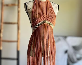 Macrame Fringe Halter Dress - Bohemian Festival Gown - Handmade