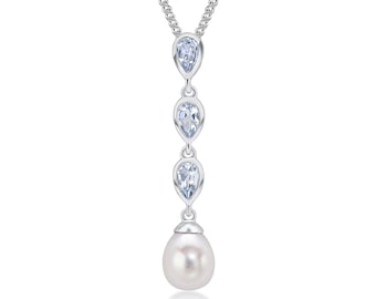 9CT White Gold Freshwater Pearl & Pear Shaped Aquamarine Triple Drop Pendant