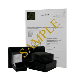 May include: A photograph showing a black jewellery box with gold trim, a black pouch, and a white appraisal document. The document has the word "SAMPLE" printed across it. The appraisal lists the item description as "Two Row Oval Crossover Hoop Earrings".