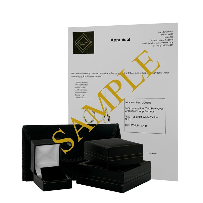 May include: A photograph showing a black jewellery box with gold trim, a black pouch, and a white appraisal document. The document has the word "SAMPLE" printed across it. The appraisal lists the item description as "Two Row Oval Crossover Hoop Earrings".