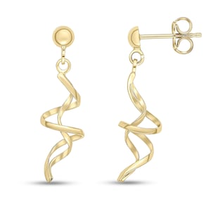 May include: A pair of gold-coloured spiral drop earrings. Each earring has a post with a small, round stud and a swirling, elongated spiral design. The earrings are shown against a white background.