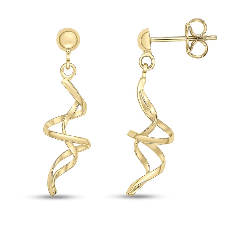 May include: A pair of gold-coloured spiral drop earrings. Each earring has a post with a small, round stud and a swirling, elongated spiral design. The earrings are shown against a white background.