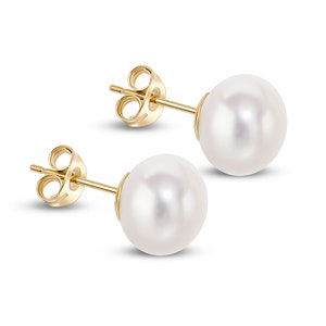 9CT Yellow Gold Freshwater Button Pearl Stud Earrings, 8.5mm