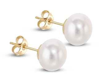 Brincos de botão de pérola de água doce em ouro amarelo 9 quilates, 8,5 mm