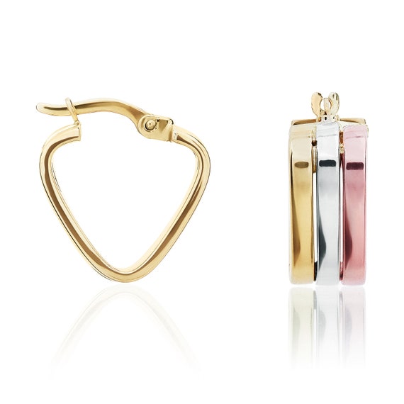 Three Tone 9CT Gold 3 Row Triangle Hoop Earrings