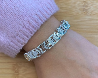 925 Handmade Sterling Silver 10mm Flat Byzantine Bracelet Luxury Clasp, Multiple Length Available