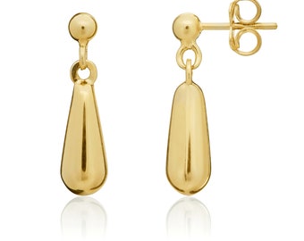 9ct Yellow Gold Short Bombe Drop Earrings | Real 9K Solid Gold Dangle Earrings | Lightweight Classic Earrings | UK Jewellery Gift for Women