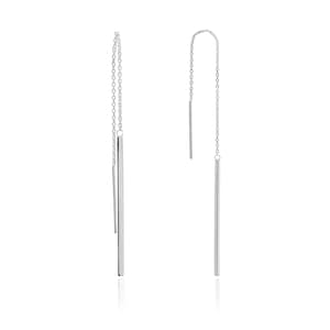 May include: A pair of silver dangle earrings with thin, straight bars hanging from delicate chains.