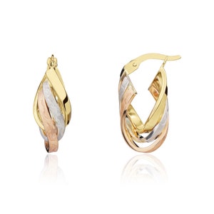Three Tone 9CT Gold Satin/Polished 3 Row Hoop Earrings