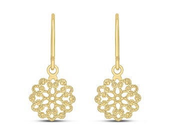 9CT Yellow Gold Round Flower Filigree Drop Earrings, 25mm